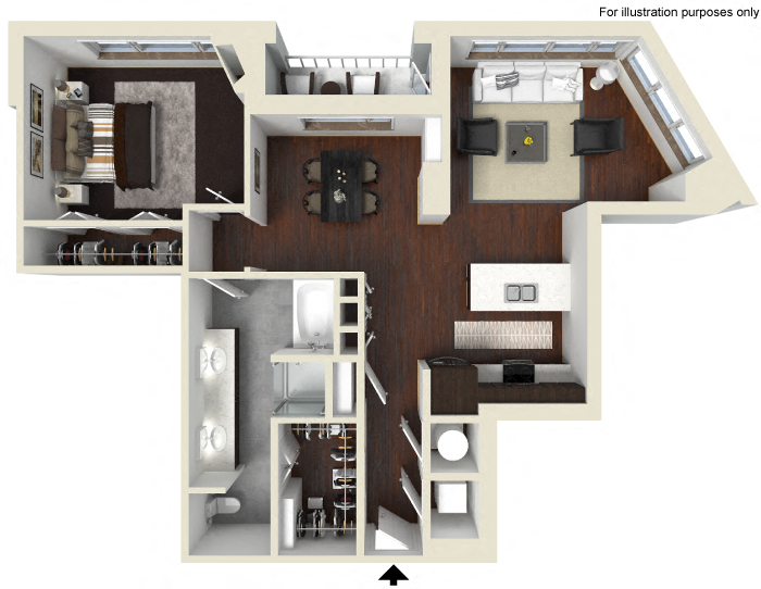 Floor plan for 1 bed, 1 bath, 1045 sqft